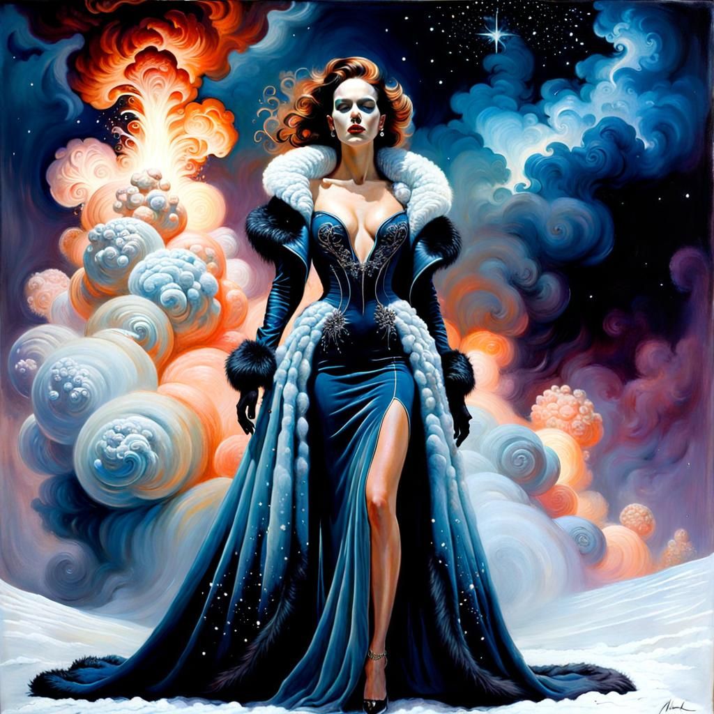 Winter Fashion Model on Catwalk in Surreal Starscape