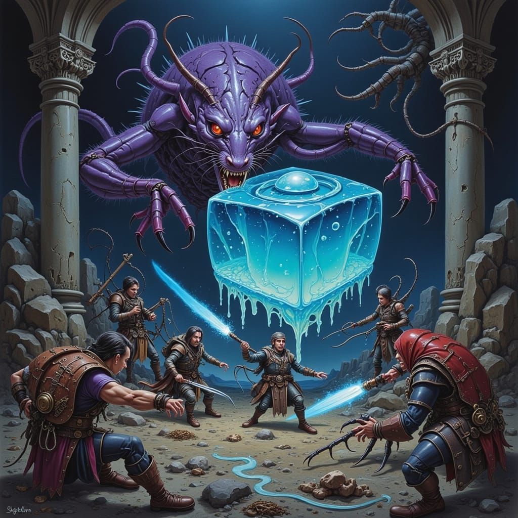 Fantasy Adventurers Battle Giant Cube Slime in Ancient Ruins