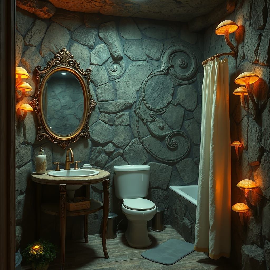 Ancient Mysticism Bathroom with Earthy Stone and Mystical Pa...