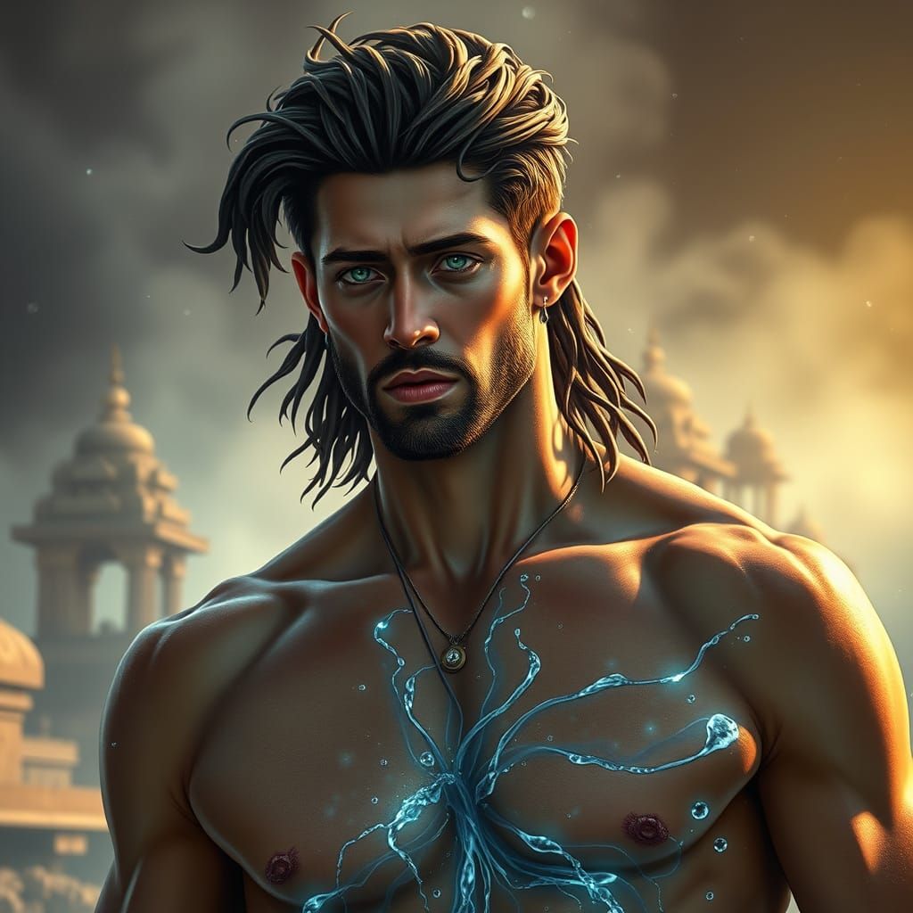 Water Spirit Prince of Greek Mythology in Indian Temple Sett...