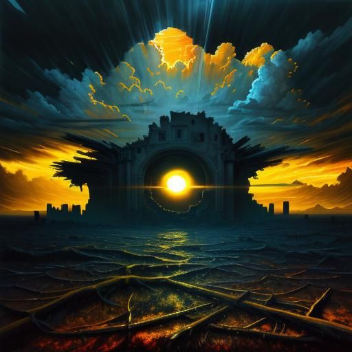 Sorrowful Sun Over Desolate Landscape: Surrealist Oil Painti...