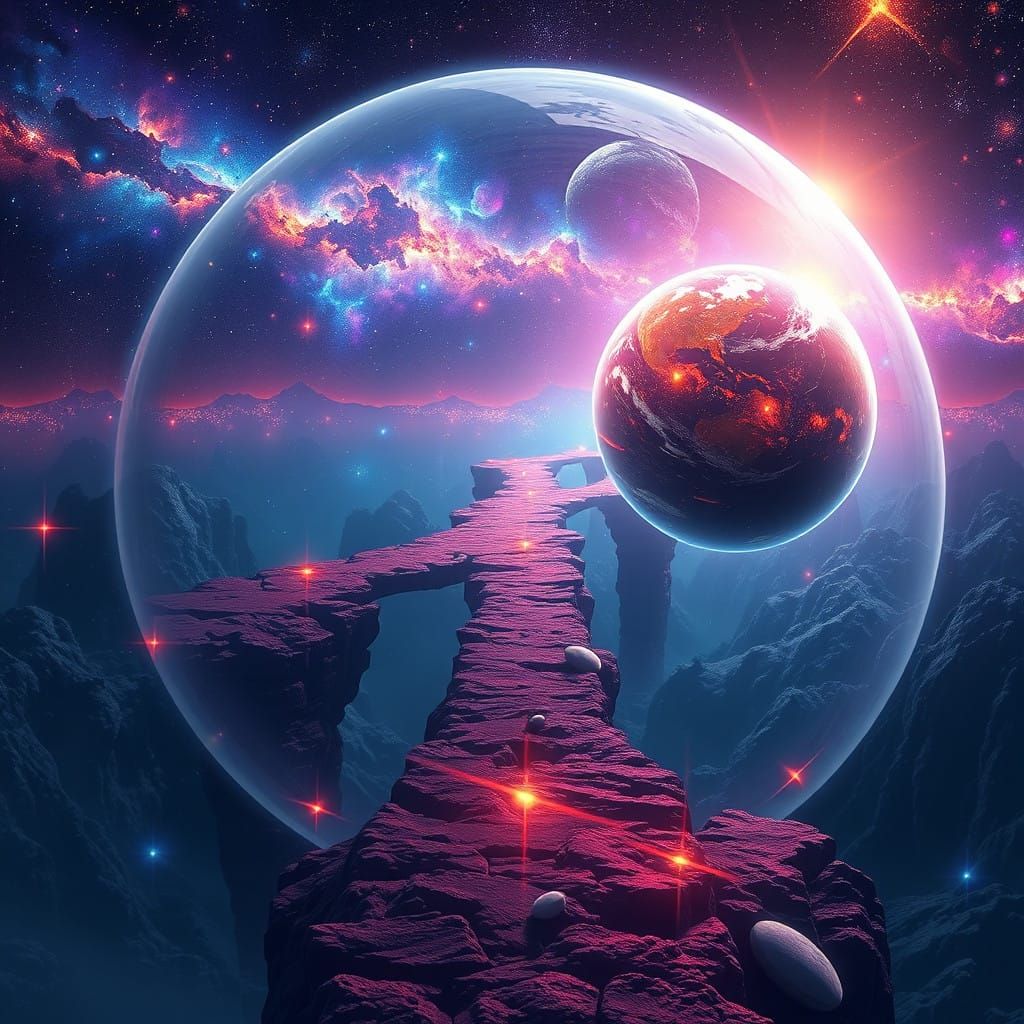 Cosmic Bridge Connecting Vibrant Alien Worlds in Ethereal Sn...