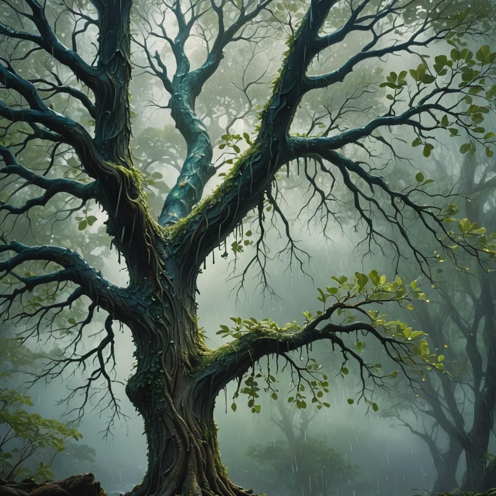 Enchanting Tree in Rain, Fantasy Concept Art