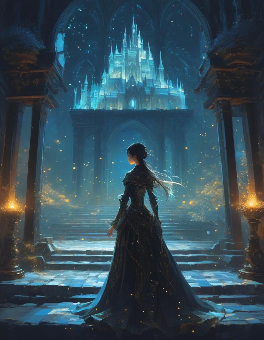 Fantasy Girl Casting Magic in Castle Interior