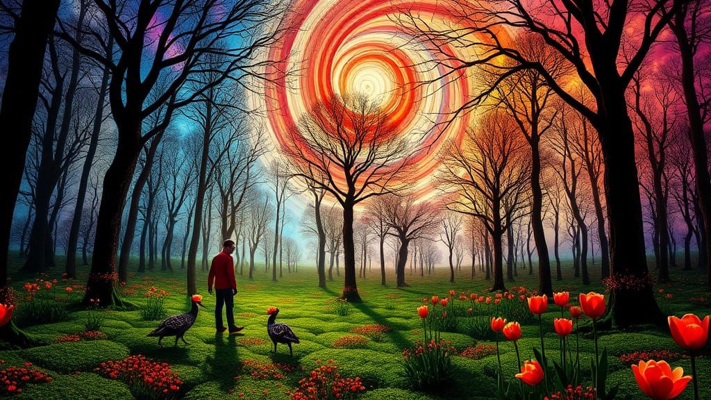 Man in Red with Tulips in Klimt-Inspired Forest