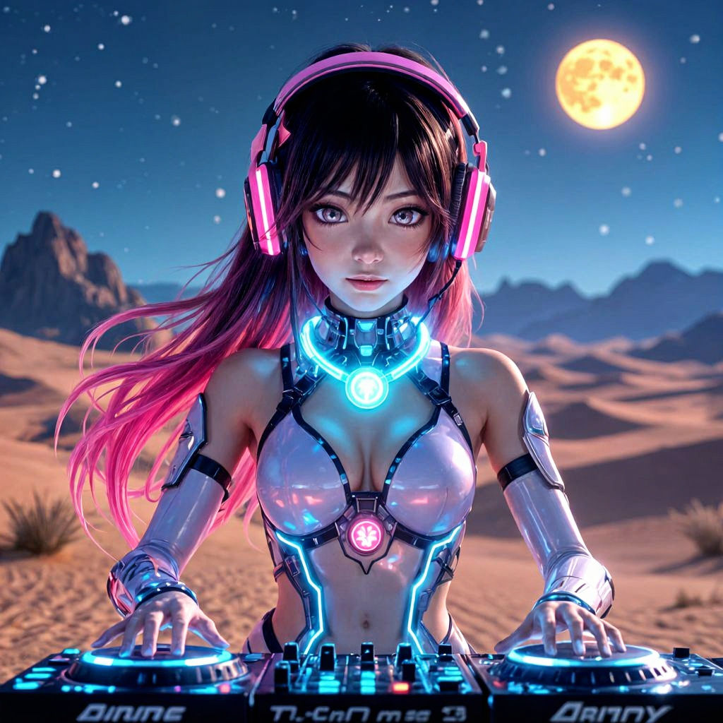 Futuristic DJ Girl in Desert Night