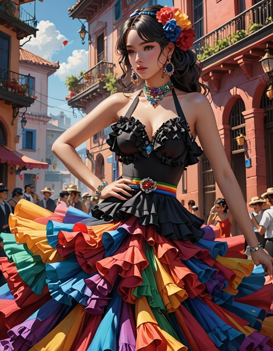 Rainbow Flamenco Dress in Anime Style