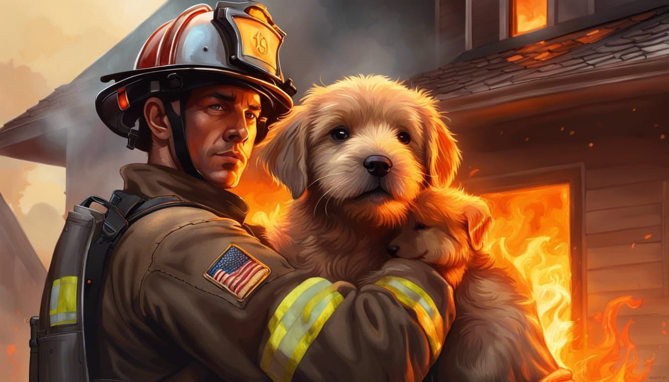 Firefighter Rescues Puppy: Hyperrealistic Portrait