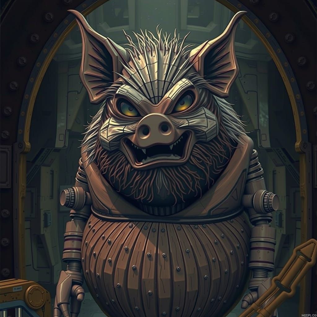 Futuristic Wooden Pig Doll with Metal Accents