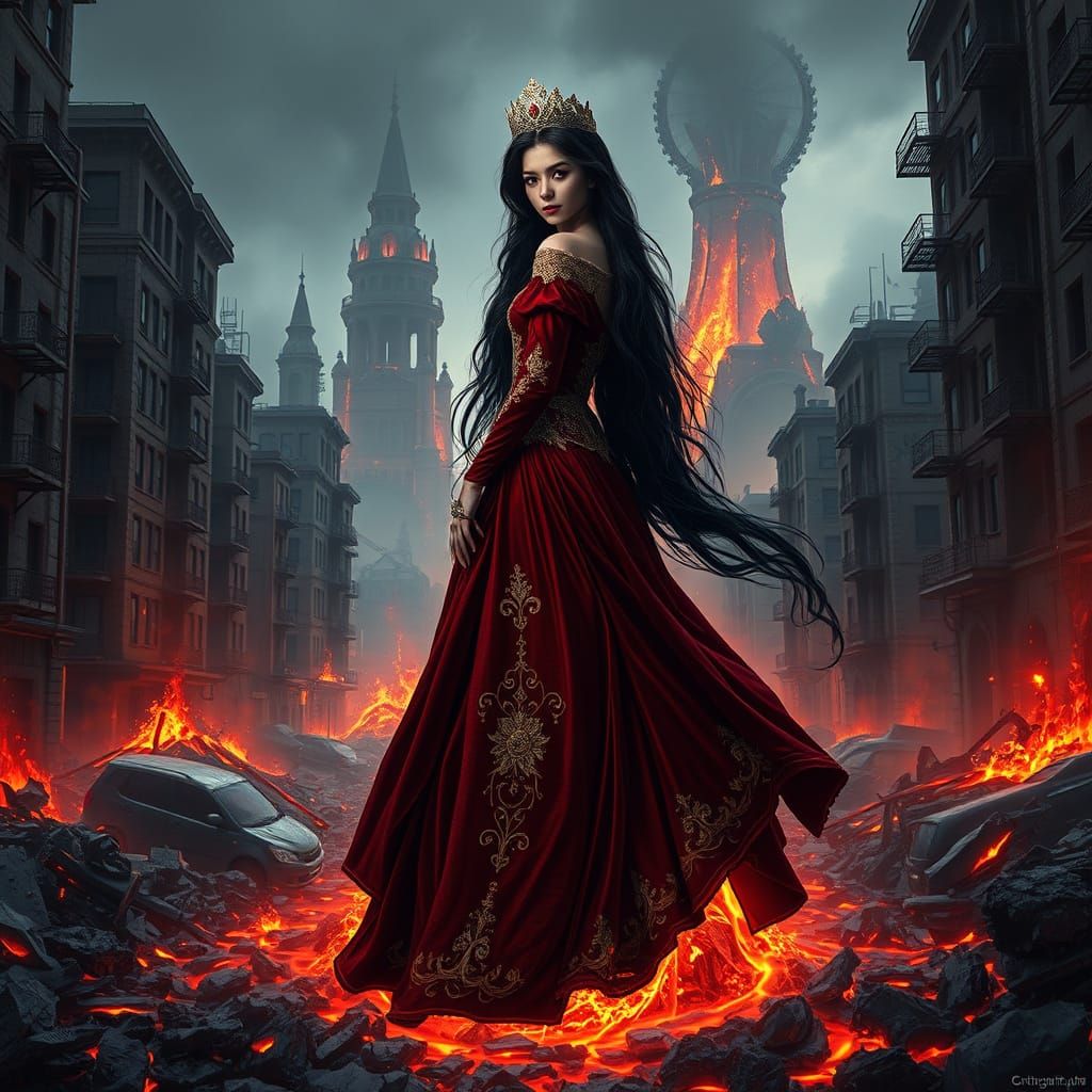Dark Fantasy Princess Reigns Amidst Lava-Consumed City