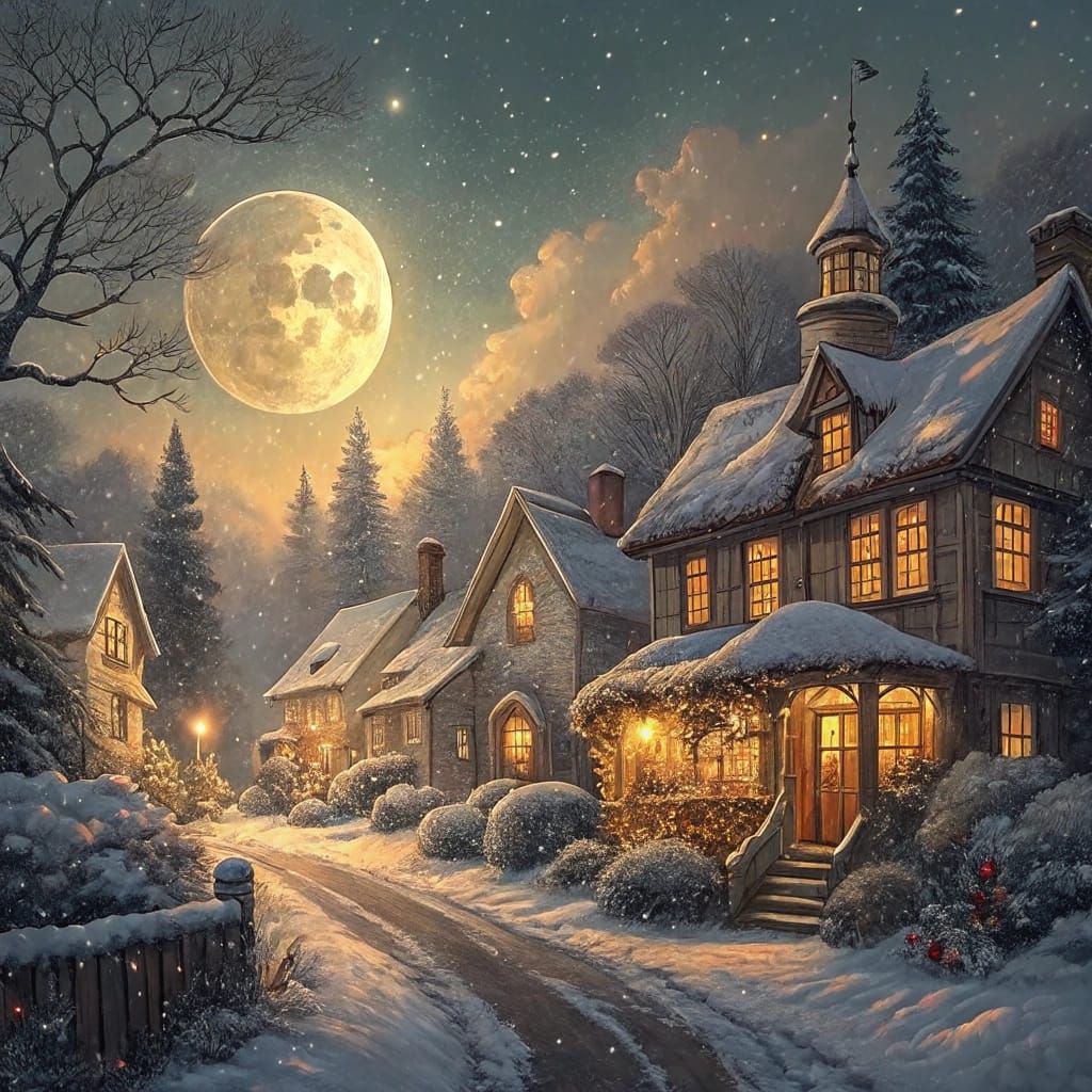 Christmas Village at Dusk in Warm Golden Light