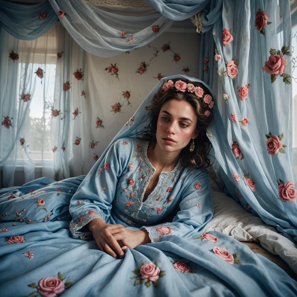 Woman in Repose on Rose Embroidered Bed