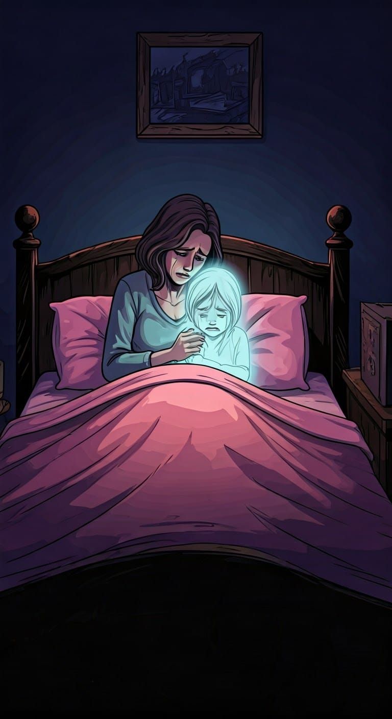 Grieving Mother with Ghost in Cel-Shaded Style