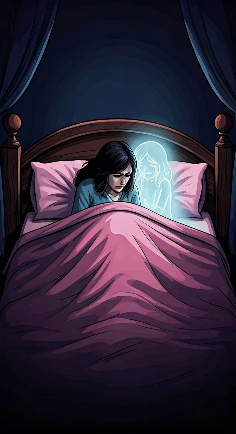Grieving Mother with Ghost in Cel-Shaded Style