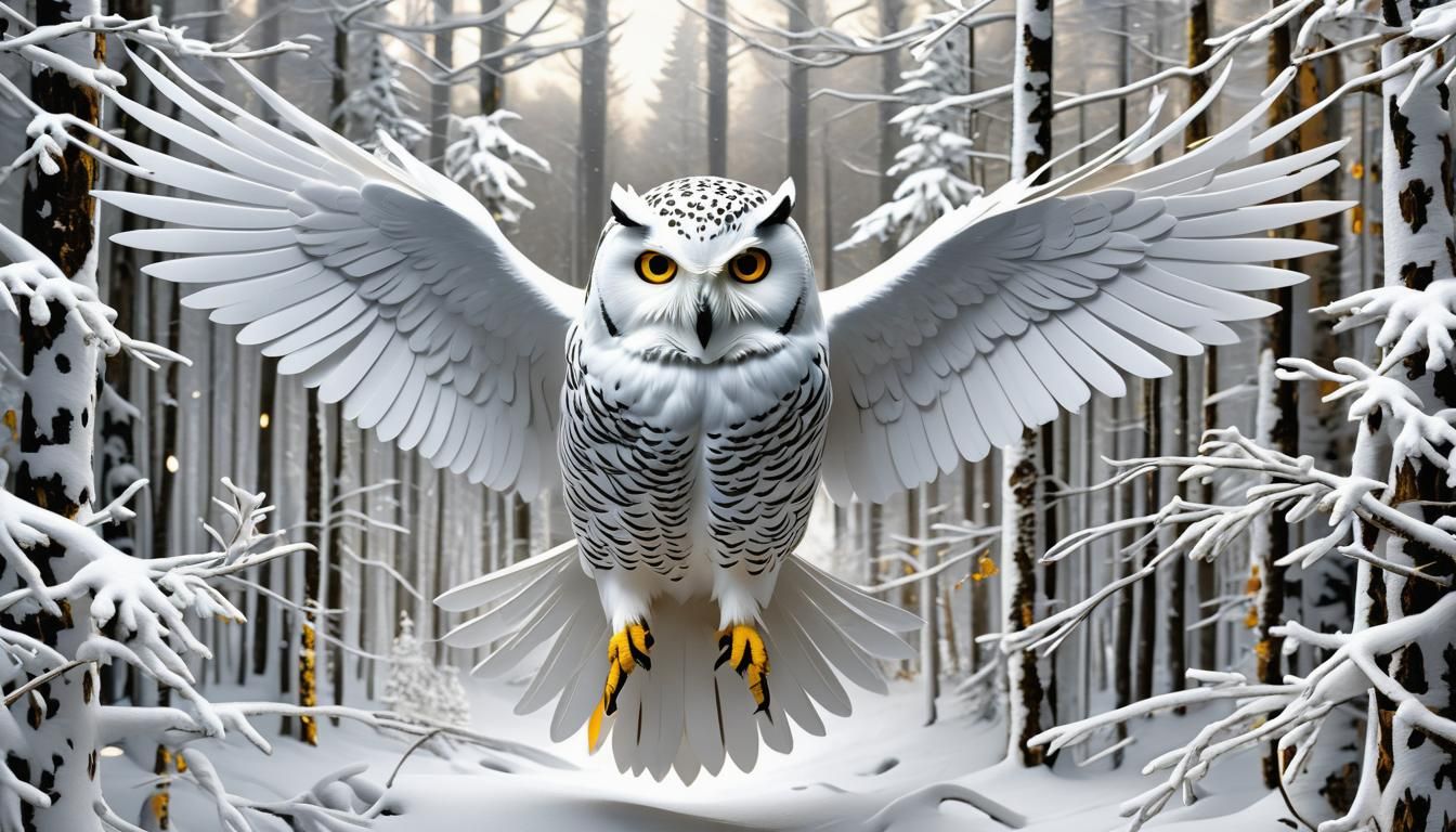 Kirigami Snowy Owl in Winter Forest