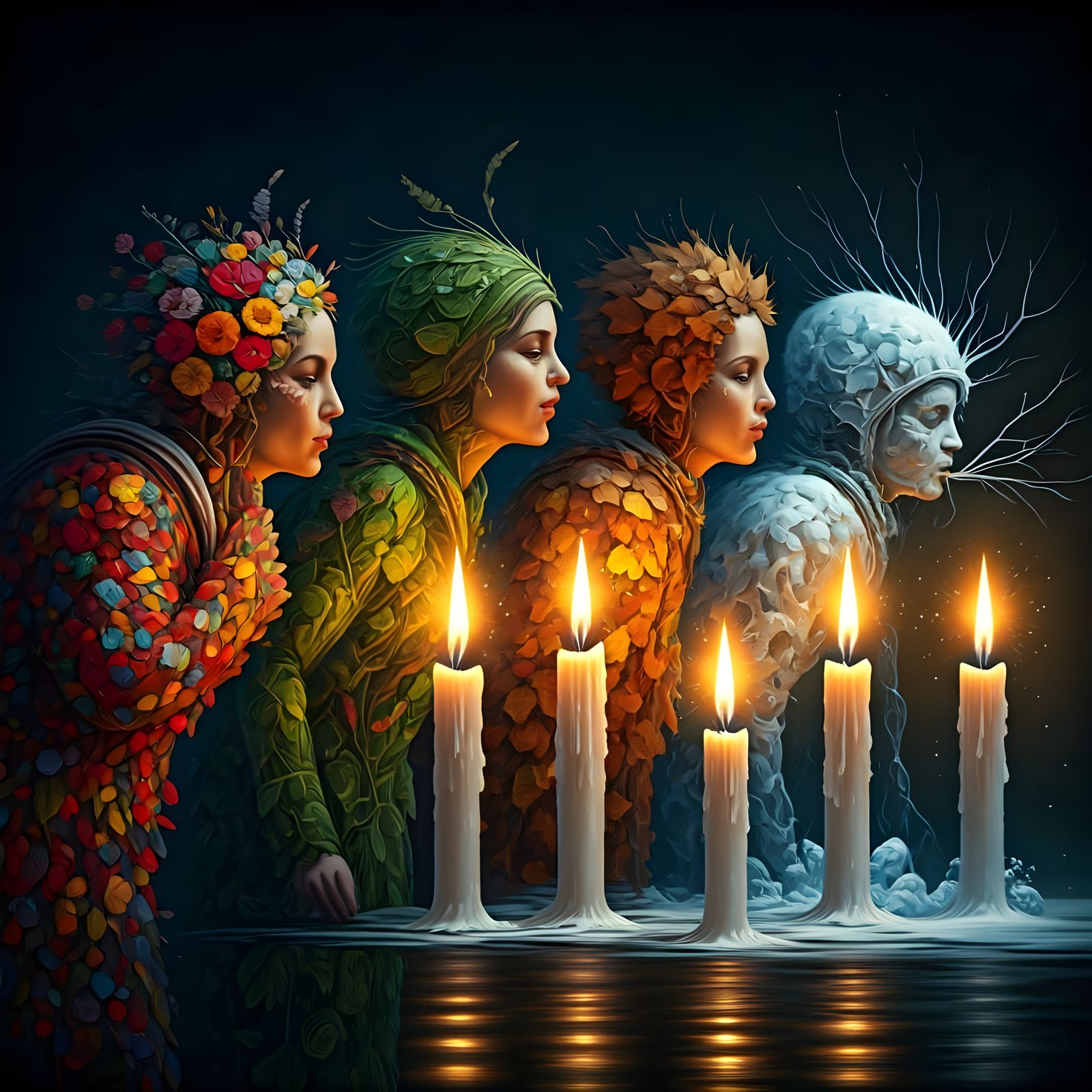 Surrealist Figures Blow Out Candles: Impasto Oil Painting