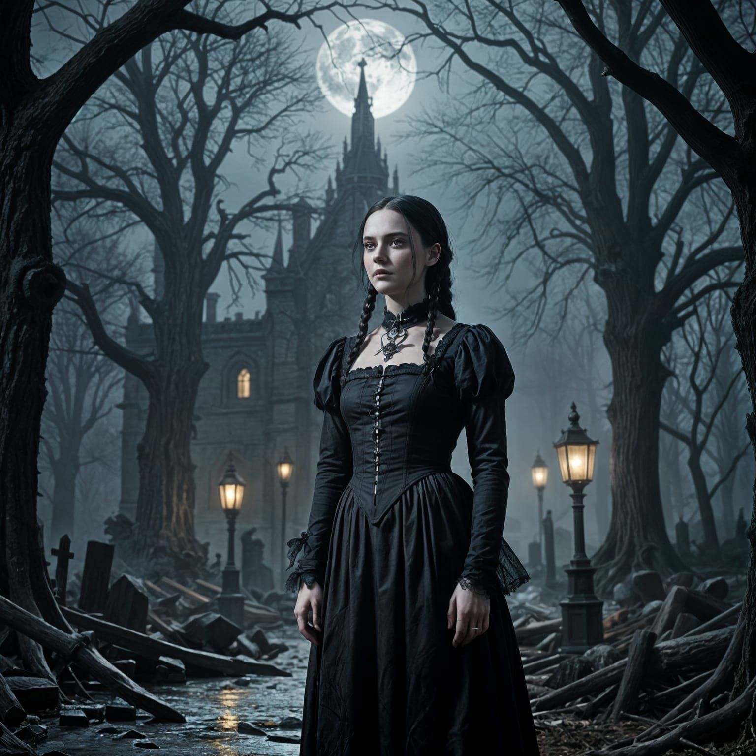 Wednesday Addams in a Gothic Salem Landscape