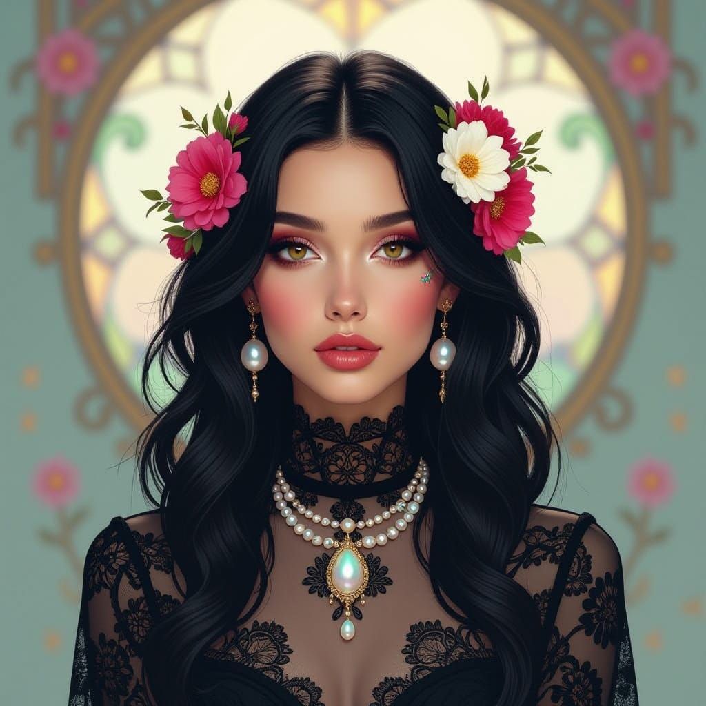 Glamorous Woman in Exotic Florals and Pearls, in Art Nouveau...