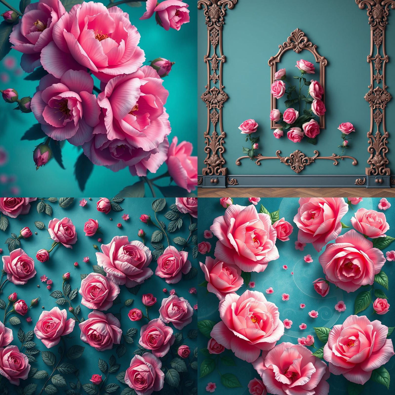 Teal Wallpaper with Pink Roses, Detailed Matte Painting
