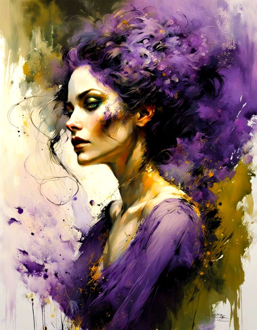 Intricate Portrait with Vibrant Purple and Gold Hues