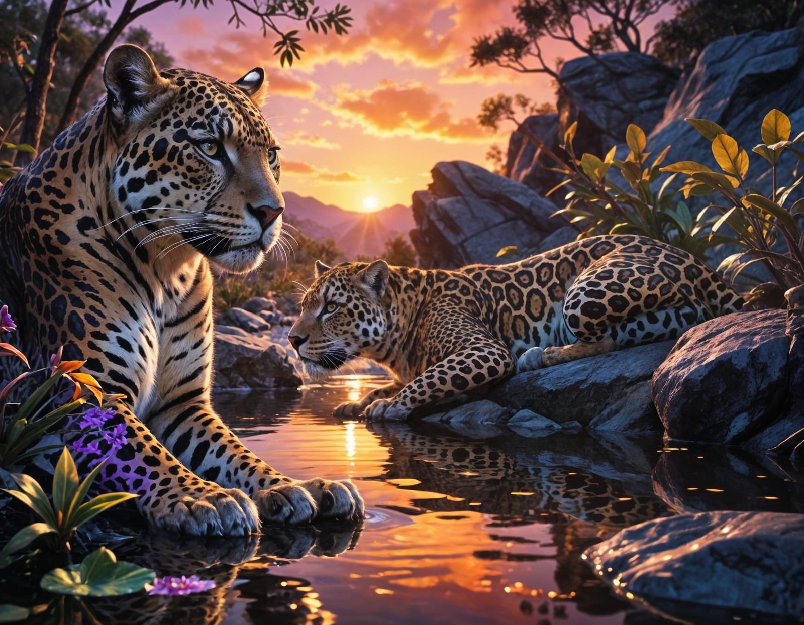 Elegant Jaguar by Reflective Pond at Sunset