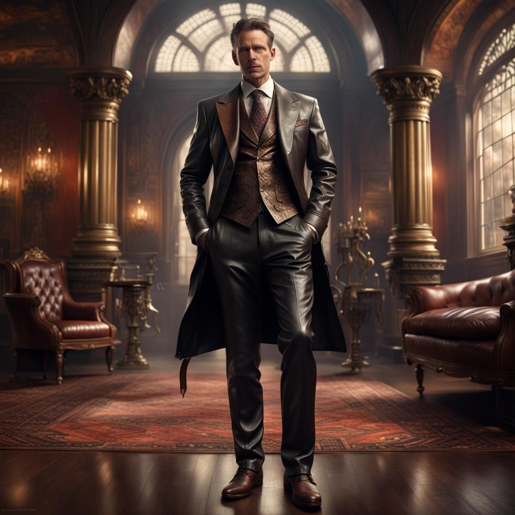 Fantasy Gentleman in Leather Suit, Hyperrealistic Digital Ar...