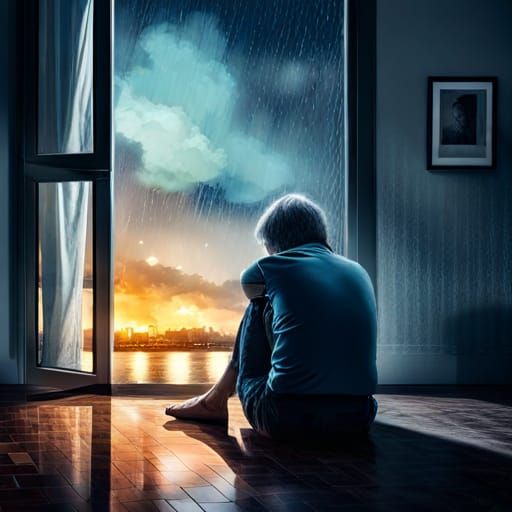 Melancholy Figure Watching Rain Through Window