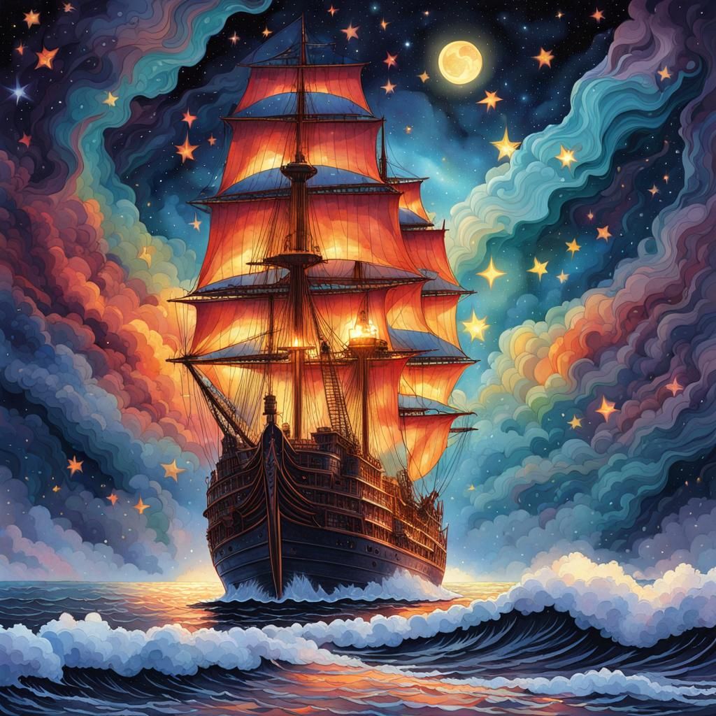 Ship Amidst Starry Ocean Waves, Digital Watercolor Art