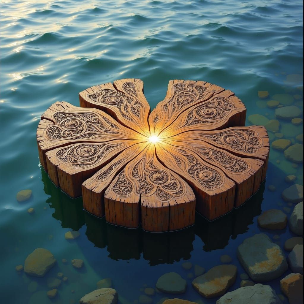 A vintage bois flotté, intricately carved with mysterious patterns, floating on the surface of the quiet sea near the sh...