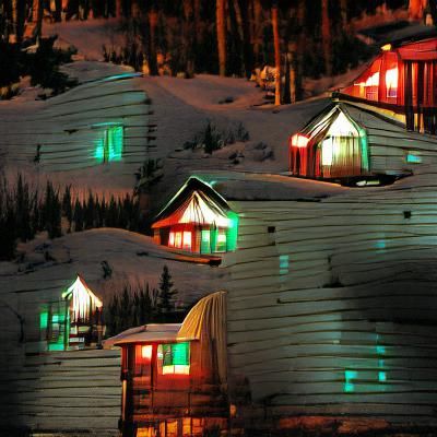 Christmas Cabins Aglow in Snowy Night Scene
