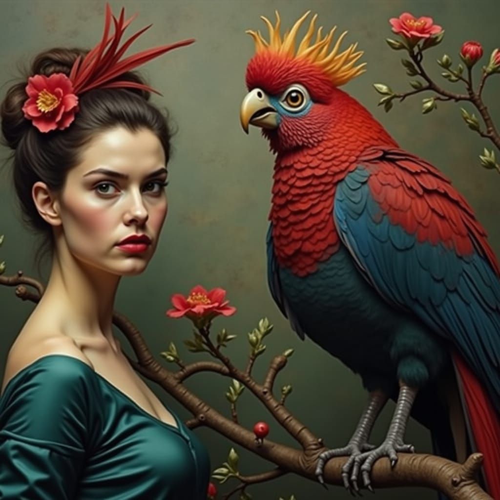 Surreal Cockatoo-Woman Portrait in Max Ernst Style