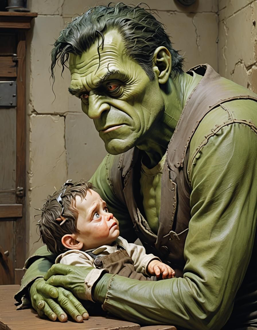 Frankenstein's Monster Babysits Toddler in Hyperrealism