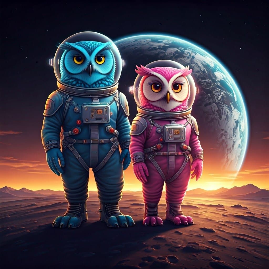 Owl Astronauts on Lunar Surface in Futuristic Style