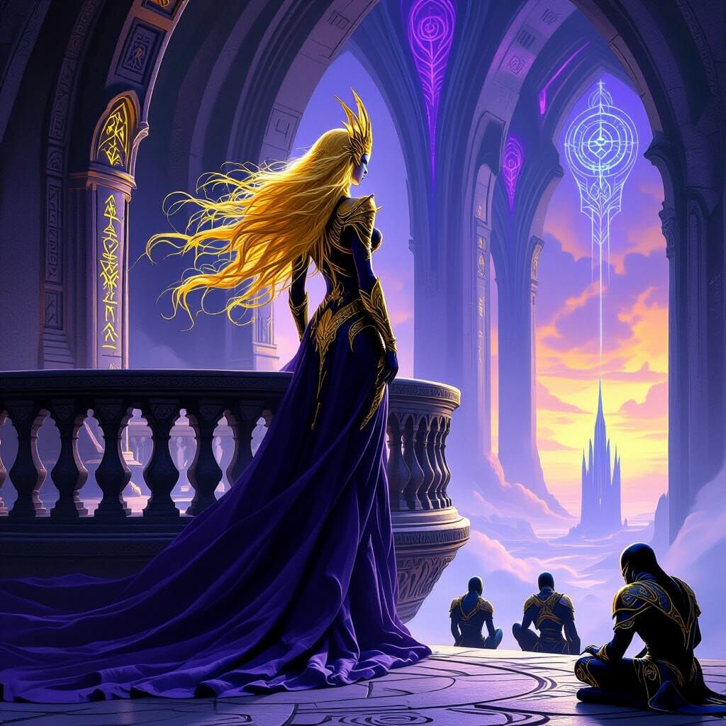 Epic Alien Queen on Ornate Balcony in Fantasy Style