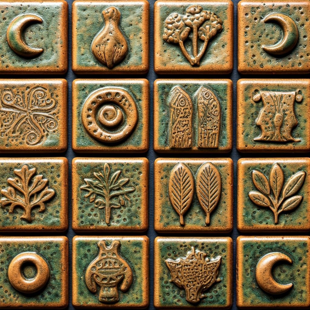 Earthy Clay Tile Wall with Symbolic Reliefs