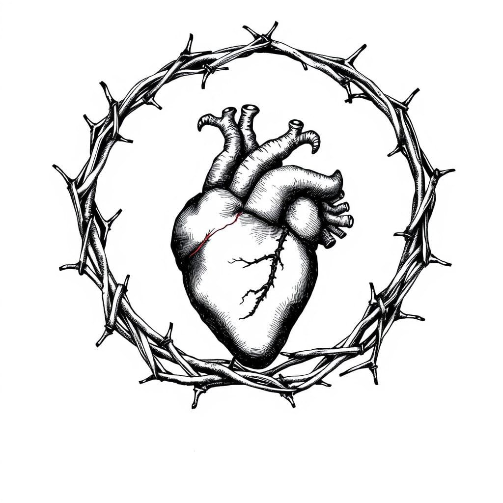 Anatomical Heart in Medieval Engraving Style with Crown of T...