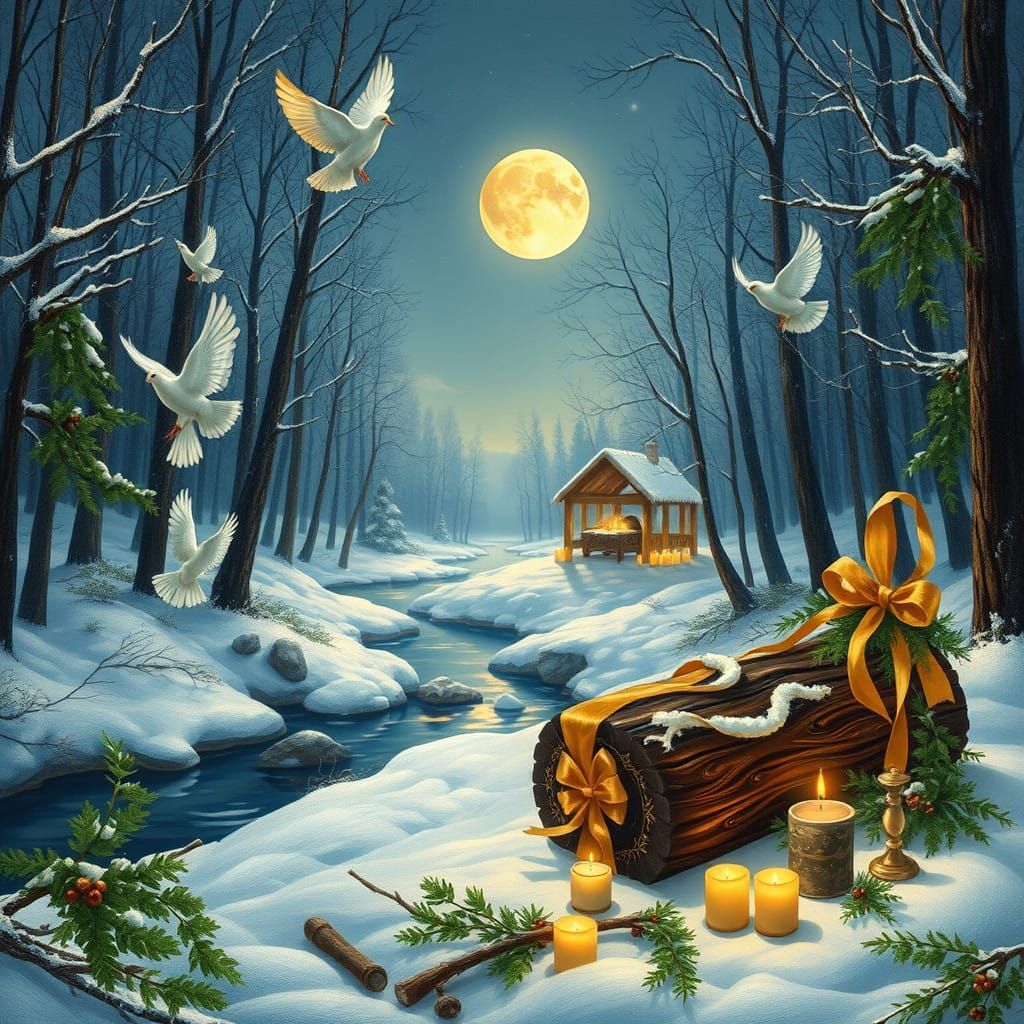 Moonlit Christmas Forest with Encaustic Wax Yule Log and Dov...