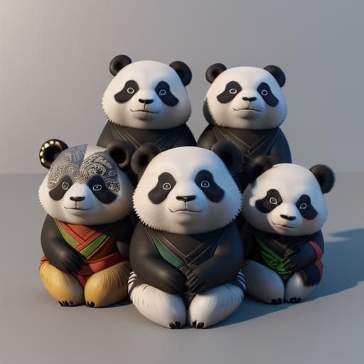 Anime-Inspired Pandas in Vibrant Tribal Colors