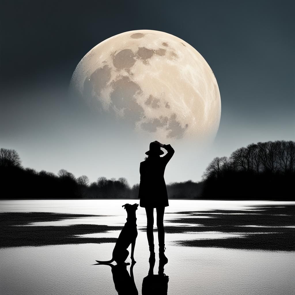 Woman and Dog Gaze at Oversized Moon