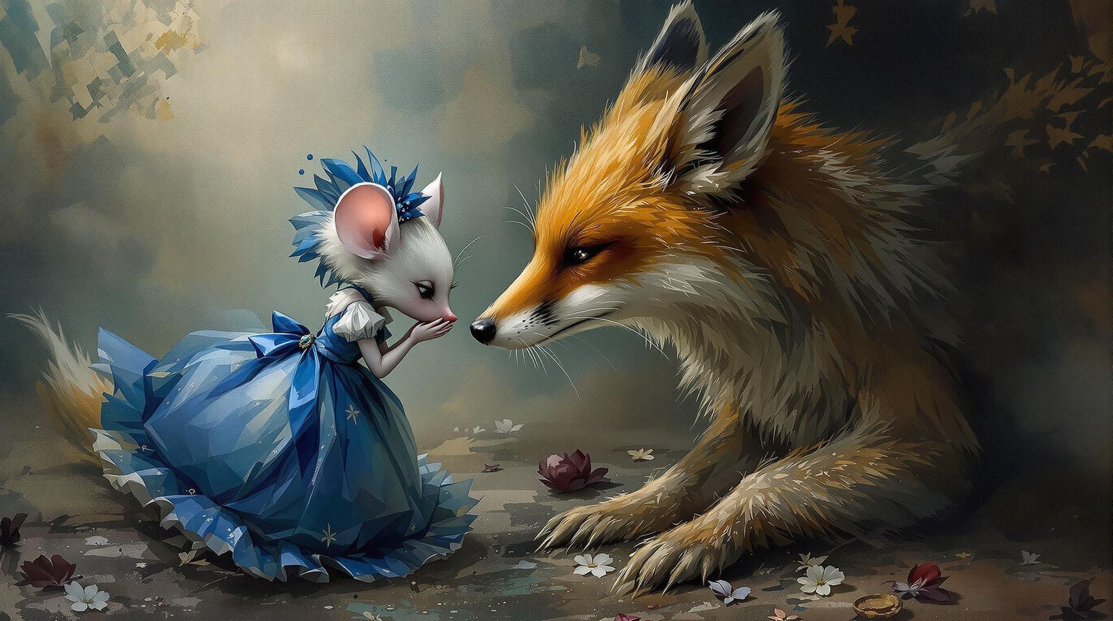 Anthropomorphic Mouse Whispering Secret to Fox, Surreal Art