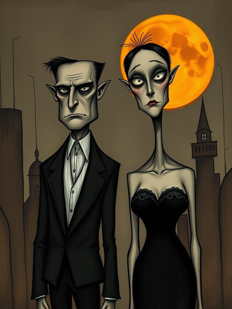 Stern Couple Under a Moody Orange Moon