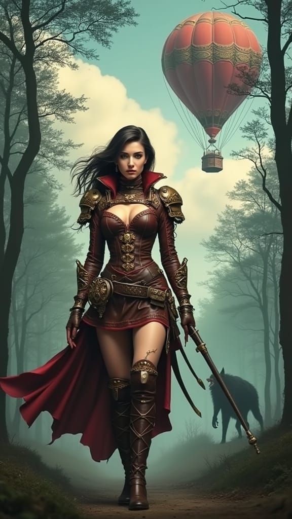 Steampunk Woman Hunting Werewolves in Forest