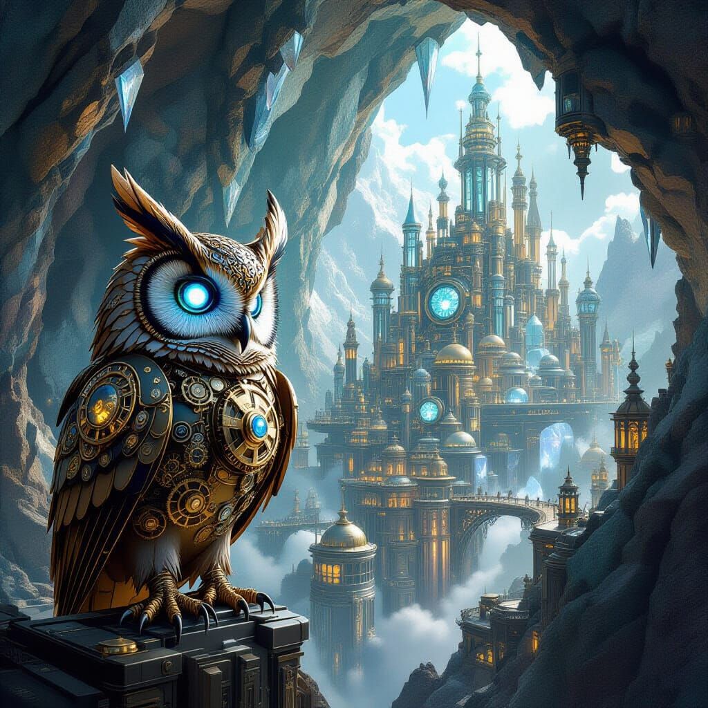 Clockwork Owl Over Steampunk Geode City