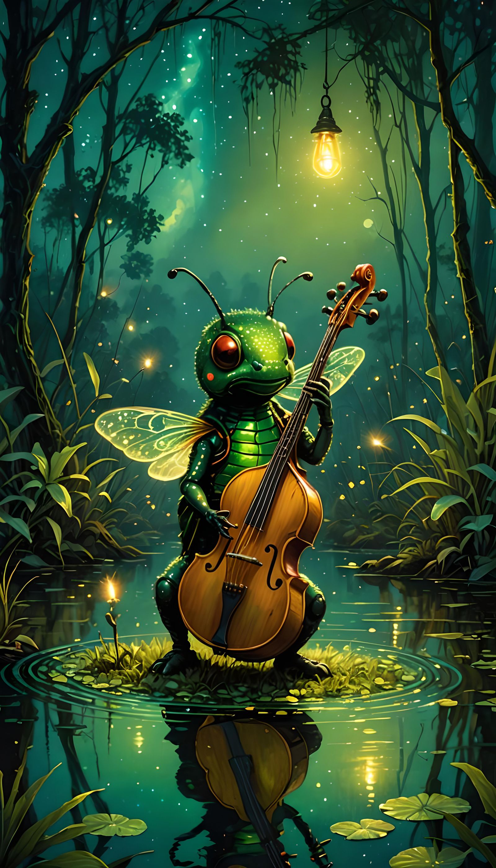 Glowing Firefly Plays Bass in Bayou at Night