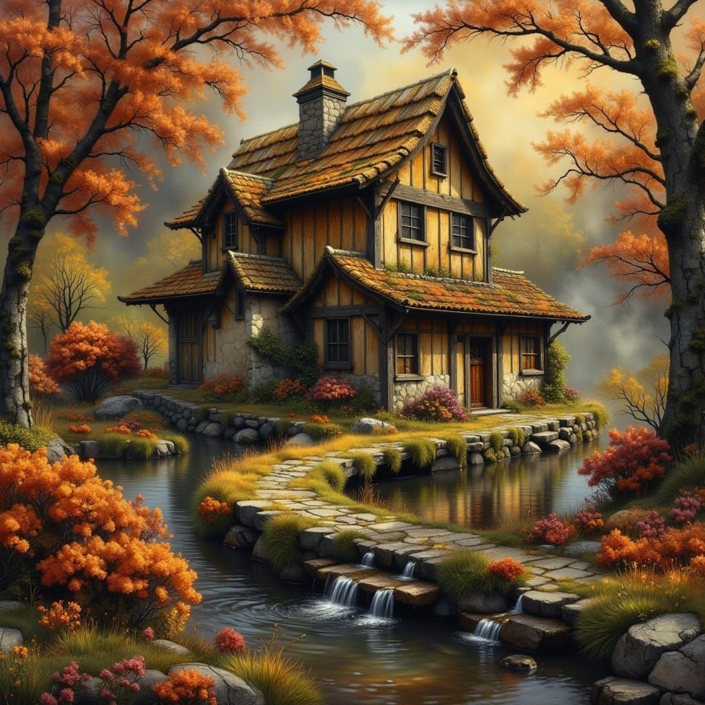Whimsical Watermill Scene in Vibrant Painterly Style