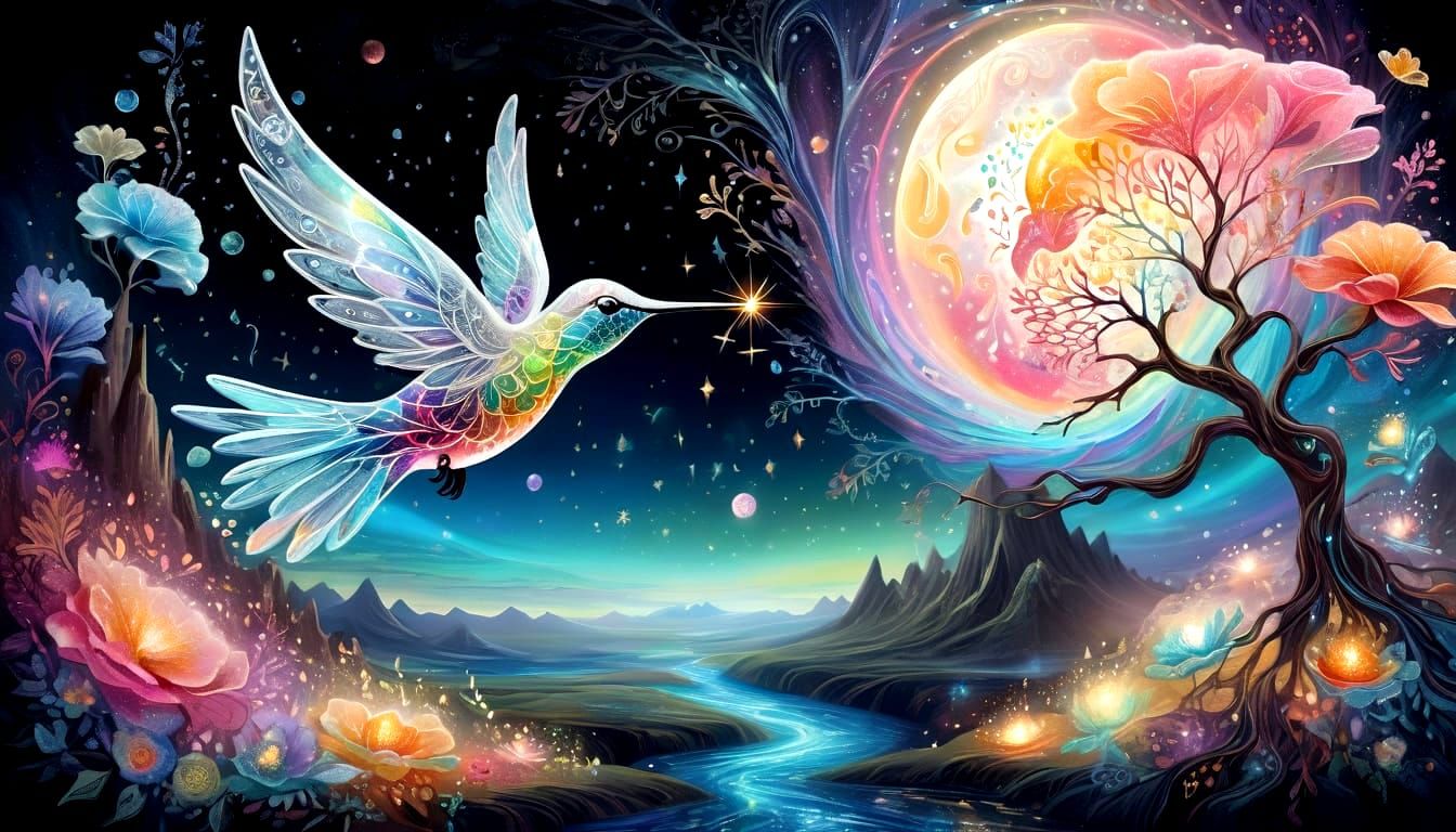 Hummingbirds Made of Flowers and Crystals in Ethereal Light