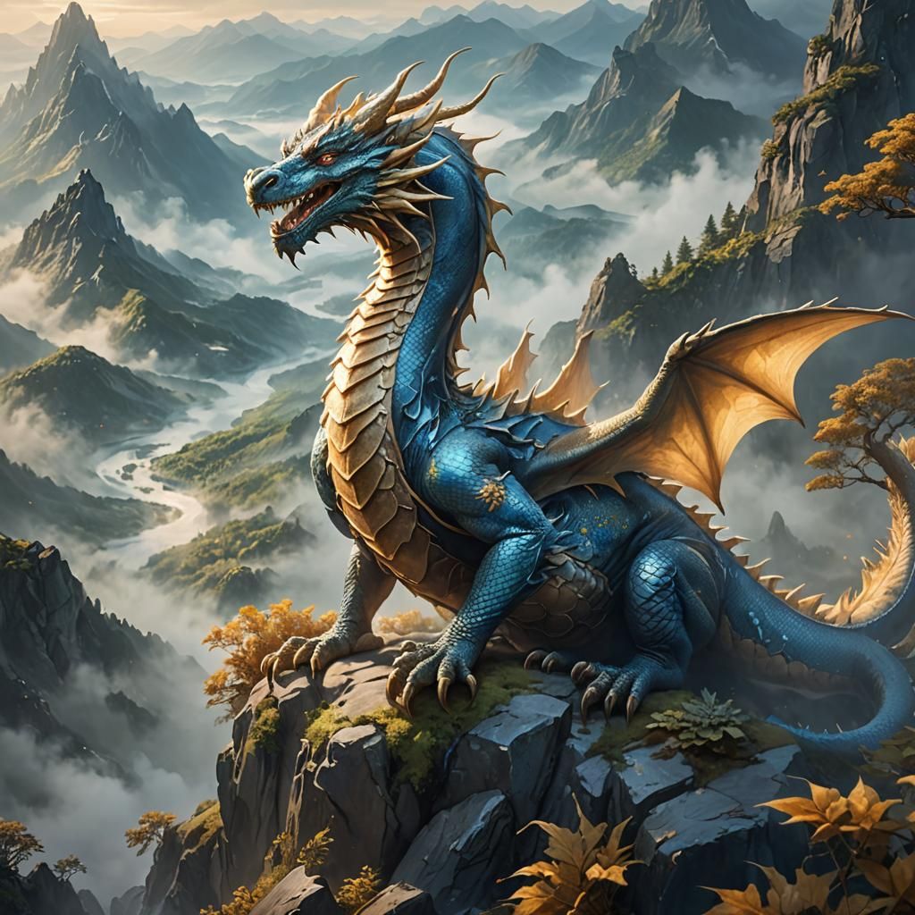 Peaceful Dragon on Misty Peak: Fantasy Concept Art