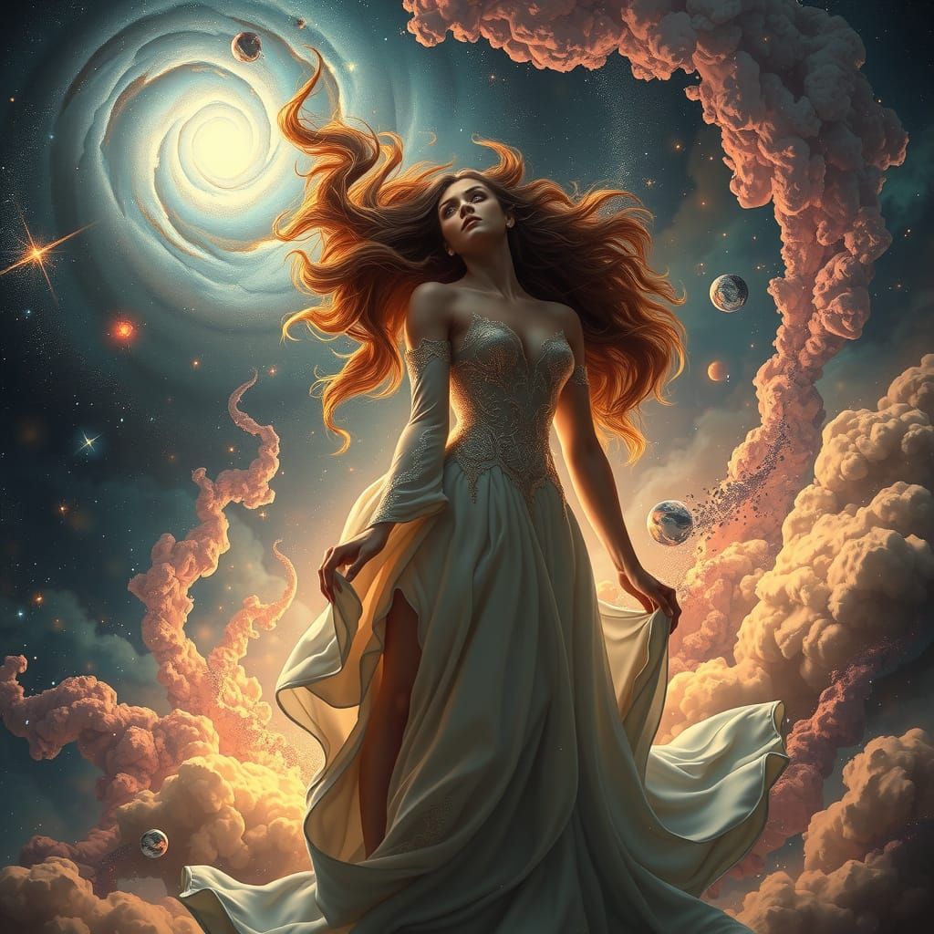 Celestial Goddess at Nebula's Edge, Art Nouveau Oil Painting