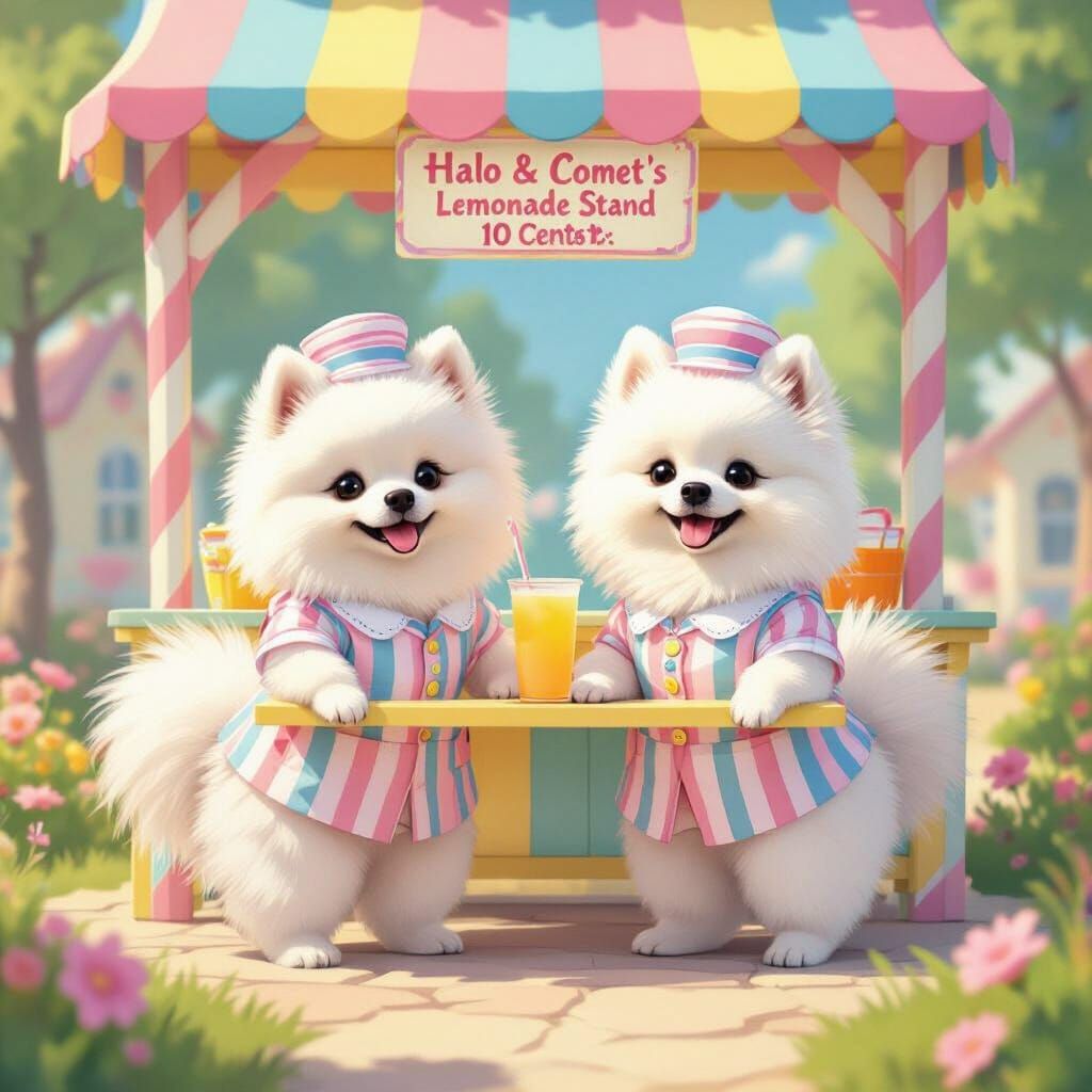 Pomeranians in Uniform at Candy Land Lemonade Stand