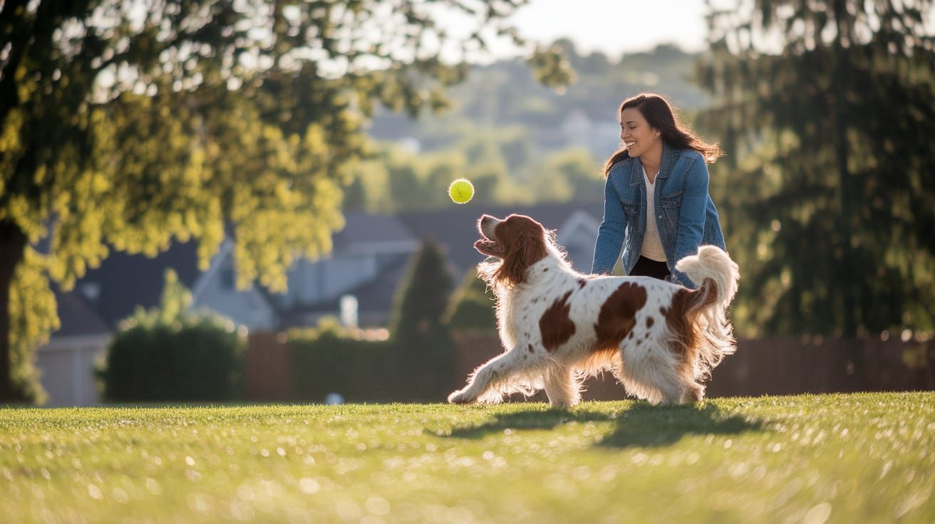 Joyful Woman Plays with Dog in Sunlit Park
